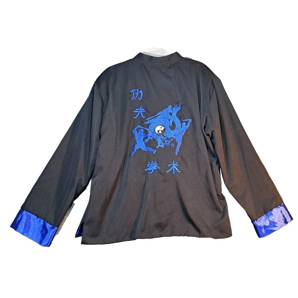 Mens Kung Fu Jacket Dragon‎ Embroidery Silk Blend Black Blue Yin Yang Large